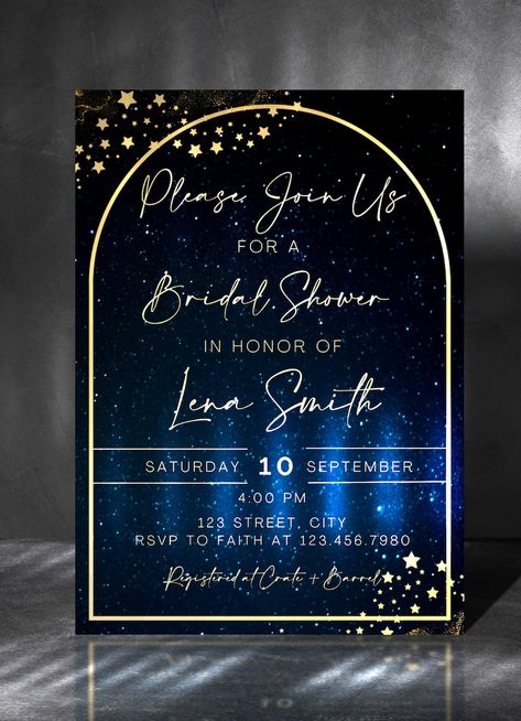 Starry Night Bridal Shower Invitation Template Night Theme - Etsy Starry Night Invitation Debut, Wedding Online Invitations Ideas, Starry Night Bridal Shower Ideas, Starry Night Template, Written In The Stars Bridal Shower Theme, Celestial Bridal Shower Theme, Engagement Party Themes, Solstice Party, Engagement Themes