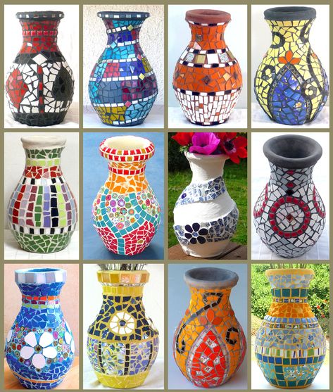 A colorful collection of mosaic vases. Same shape, different design and colors! Mosaic Books, Mosaic Vases, Mosaic Bottles, Mosaic Pot, Mosaic Planters, Mosaic Pots, Mosaic Vase, Mosaic Flower Pots, Mosaic Garden Art