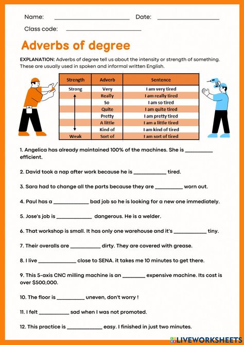 Adverbs Of Degree Worksheets, Adverb Of Degree, Adverbs Sentences, Conjunctions Worksheet, Adverbs Worksheet, Learn English Grammar, English As A Second Language (esl), English As A Second Language, Very Tired