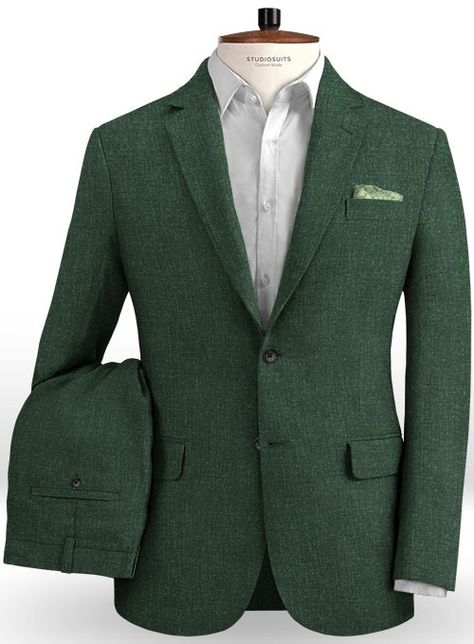 Bring a dash of contemporary Italian style to your wardrobe by adding this Solbiati Bottle Green Linen suit. Crafted from 100% linen, the dark green hue is an unexpected fresh alternative to more classic tones making a chic departure to traditional office attire. Club it with matching waistcoat, a white shirt, and tan shoes.  Look Includes Solbiati Bottle Green Linen Fabric Two Button Jacket Style Notch Lapel Real Horn Solid Buttons Single Vent Two Cuff Buttons Two Welted Back Pockets on Trouser Green Linen Suit, Green Tweed Suit, Linen Suits For Men, Dark Green Jacket, Prom Men, Custom Tailored Suits, Tweed Wedding Suits, Green Two Piece, Traditional Office