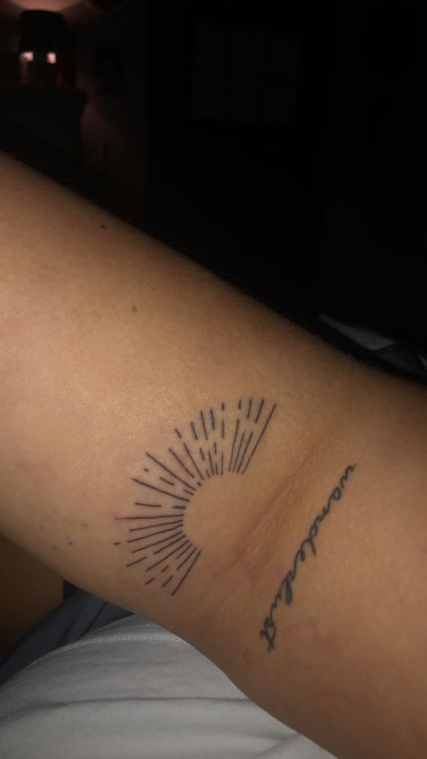 Wanderlust and rays of sun tattoo. Will be adding an arrow under wanderlust soon. Sunshine State Of Mind Tattoo, Ray Of Sunshine Tattoo, Rays Of Sunshine Tattoo, Sleeve Reference, Sun Rays Tattoo, Sunshine Tattoo, Hope Tattoo, Ray Tattoo, Patchwork Sleeve