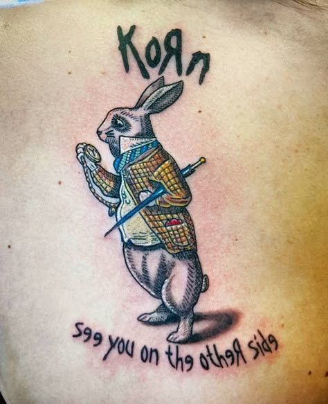 Korn Tattoo Ideas, Nh Tattoo, Korn Tattoo, Sick Tattoo Ideas, Tattoo Ideas Chest, Ampersand Tattoo, Metallica Tattoo, White Rabbit Tattoo, North Conway Nh