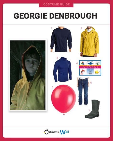 The best costume guide for dressing up like Georgie Denbrough, the little boy lured by Pennywise the Clown in Stephen King's movie It. Stephen King Costume Ideas, It Outfits Movie, Georgie Denbrough, Costume Wall, Book Parade, Cartoon Halloween Costumes, Cute Emo Outfits, Stranger Things Costume, Movie Halloween Costumes