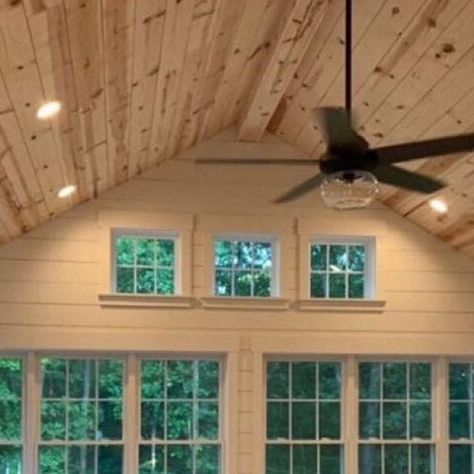 Pine Car Siding Ceiling, Shiplap Wall Wood Ceiling, Vaulted Ceiling Living Room Tongue And Groove, White Pine Ceiling Living Rooms, High Ceiling Sunroom, Shiplap Sunroom Ideas, Natural Pine Ceiling, Knotty Pine Ceiling Living Rooms, Pine Cathedral Ceiling