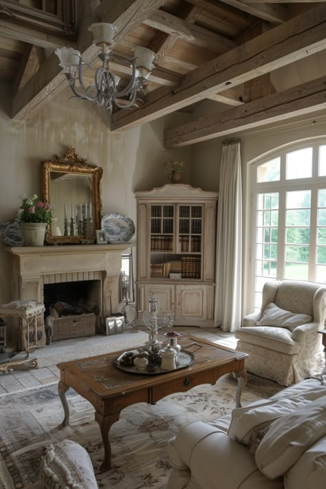 15 French Country Living Room Ideas That Will Make You Say “Ooh La La!” - DreamyHomeStyle French Country Rustic Bedroom, Country Glam Interior Design, French Country Ceiling Beams, European Interior Design Living Room, French Country Living Room Ideas, French Country Family Room, Country Living Room Ideas, Texture Walls, French Glam