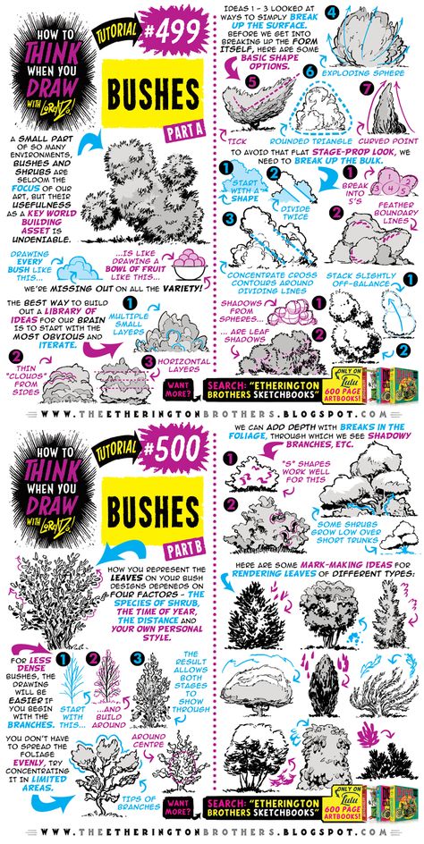 Draw Bushes, Castle Drawings, Cartoon Reference, Etherington Brothers, Leaves Tattoo, Comic Tutorial, Concept Art Tutorial, Art Resources, Art Instructions