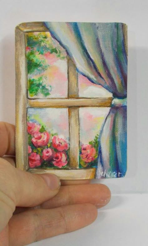 Mini Tela, Fake Window, Painting Roses, Roses Art, Small Canvas Paintings, Miniature Paintings, Small Canvas Art, Window Painting, Rose Painting