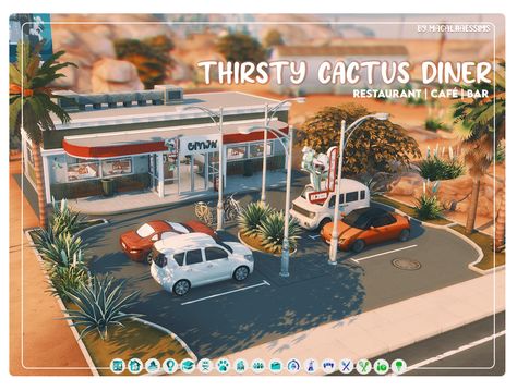 THIRSTY CACTUS DINER - MAXIS-MATCH CC BUILD Sims 4 Diner Build, Sims 4 Oasis Springs Build, Sims 4 Diner, Bloxburg Wedding, Sims 4 Oasis Springs, Sims 4 Community Lots, Ts4 Builds, Sims 4 Restaurant, Sims 4 Maxis Match