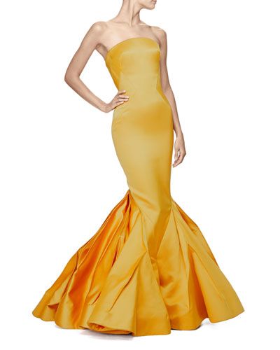 B36GD Zac Posen Strapless Fitted Gown W/Trumpet Skirt, Marigold Pencil Gowns, Zac Posen Gown, Yellow Dress Outfit, Marine Ball, Fitted Gown, Fitted Gowns, Yellow Gown, Caribbean Carnival, Formal Evening Wear