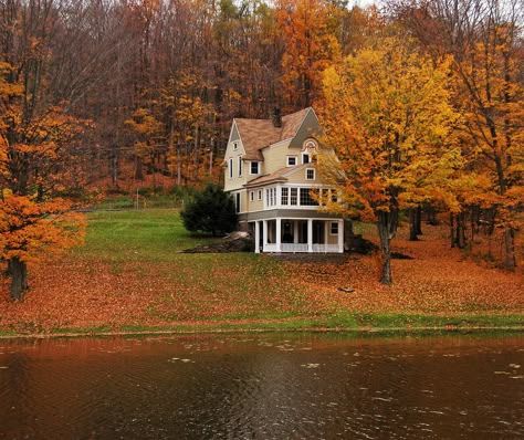 Autumn Lake House, Stamford, New York | original photographer information isn't confirmed but the closest I could get to was Flickr user richardm740 Autumn Lake, Autumn Scenery, Autumn Beauty, Best Seasons, Orange And Yellow, Autumn Art, Lombok, My Dream Home, Future House