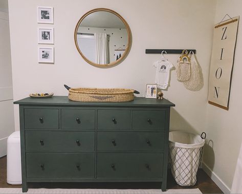 Nursery Green Furniture, Olive Green Nursery Furniture, Dark Green Dresser Nursery, Painted Dresser For Nursery, Green Furniture Nursery, Nursery Green Dresser, Nursery Ideas Olive Green, Dresser Changing Table Diy, Olive Green Dresser Nursery