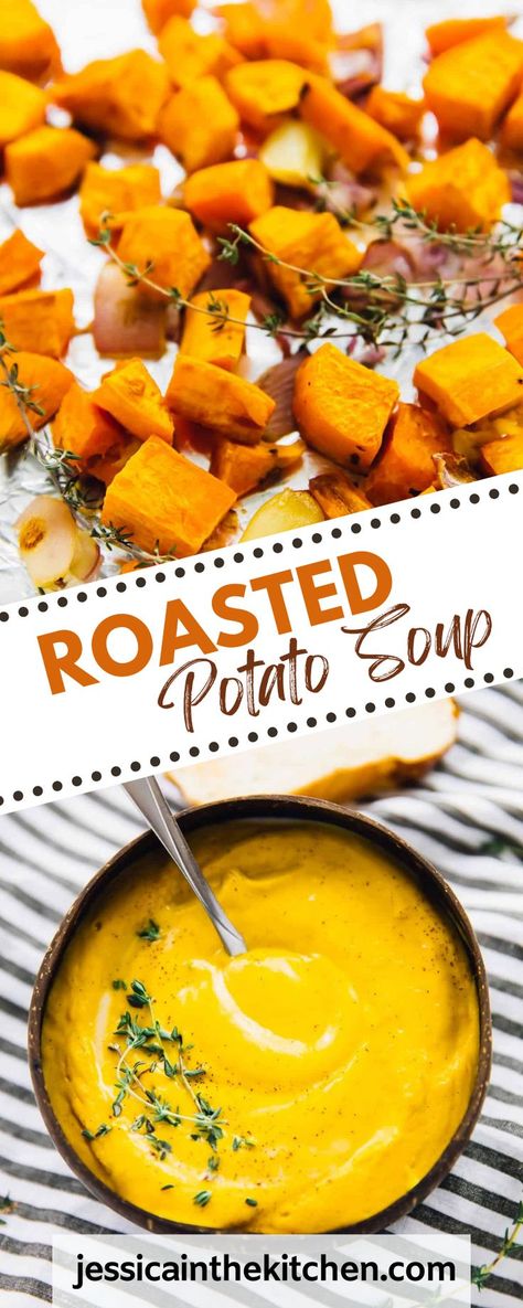 Roasted Sweet Potato Soup tastes absolutely creamy, is loaded with flavour and is made in your oven! The ingredients are roasted then put right into your blender, so NO time is spent hovering over the stove. It’s one of easiest soups you’ll ever make. It’s also vegan, gluten free and loaded with delicious healthy ingredients. This Roasted Sweet Potato Soup is kinda sweet, really creamy, super smooth and loaded with so much flavour. Roasted Potatoes Soup, Creamy Sweet Potato Soup, Roasted Sweet Potato Soup, Low Calorie Soup Recipe, Easy Sheet Pan Dinner, Sweet Potato Recipes Healthy, Sweet Potato Soup Recipes, Gluten Free Sweet Potato, Roasted Potato