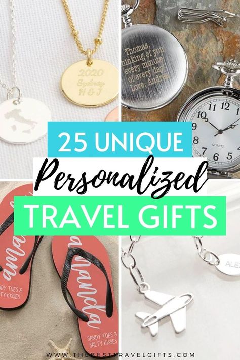 25 Unique personalized travel gifts with four photos of gifts that are personalized Unique Luggage Tags, Unique Luggage, Best Travel Gifts, Personalized Luggage, Personalized Tags, Travel Lover, Unique Ideas, Travel Gifts, Stylish Accessories