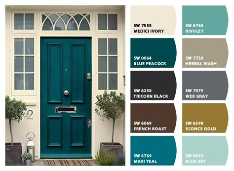 ColorSnap by Sherwin-Williams – ColorSnap by lpanula Teal Trim House Exterior, Accent Doors Exterior Color Palettes, Teal Green House Exterior, Teal Exterior Door, Sherwin Williams Door Colors, Colourful Front Doors, Dark Teal Front Door, Sherwin Williams Teal, Home Exterior Upgrades