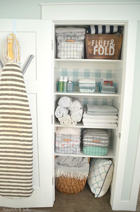 Closet Makeover with Fabric. Create "faux" wallpaper for the fraction of the price with panels that can be changed out. All the no-sew details. Closet Organization Solutions, Linen Closet Makeover, Laundry Closet Makeover, Small Linen Closets, Bathroom Linen Closet, Organizing Linens, Bathroom Closet Organization, Small Space Interior Design, Closet Hacks Organizing