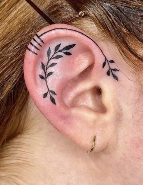 Ear Tattoo Lines, Botanical Ear Tattoo, Women Ear Tattoos, Tiny Ear Tattoos For Women, Ear Tattoo Designs For Women, Fern Ear Tattoo, Inner Ear Tattoos For Women, Viking Ear Tattoo, Inside Ear Tattoos