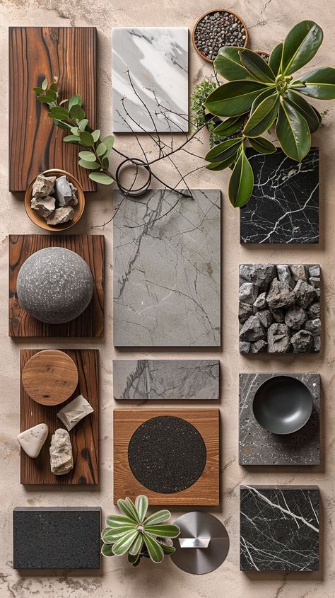 On Day 12 of our 15-day Trendy Material challenge, we feature the timeless elegance of marble tiles in mood board design. These tiles add sophistication and luxury, making them perfect for creating inspiring and cohesive design concepts. Their natural veining and polished surface provide a stunning focal point that elevates any mood board.
 Mood Board Design, Timeless Elegance, Sophistication, Luxury, Natural Veining, Polished Surface, Inspiring Design, Cohesive Concepts, Stunning Focal Point Organic Mood Board Interior, Dark Grey Mood Board, Home Finishes Mood Board, Modern Material Board, Trendy Interior Design 2024, Industrial Material Board, Flooring Mood Board, Material Sample Board, Modern Contemporary Mood Board