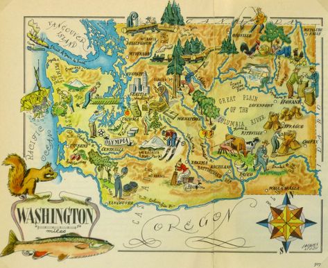 Washington Map, Pictorial Maps, Grand Art Mural, Illustration Vintage, Artwork Display, Antique Maps, Whimsical Illustration, State Map, Vintage Printables