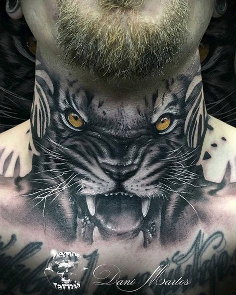 Tiger Neck Tattoo Men, Gorilla Neck Tattoo, Tiger Throat Tattoo, Tiger Tattoo Neck, Animal Neck Tattoo, Tiger Neck Tattoo, Full Neck Tattoos For Men, Neck And Throat Tattoos Men, Owl Neck Tattoo