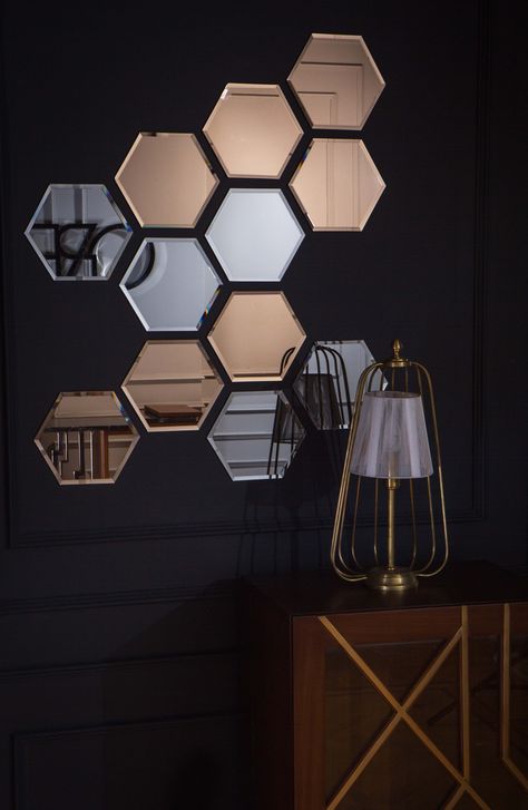 Chrysler Hexagon Mirrors #Mirror #homeaccessories Hexagon Mirror Design, Hexagonal Mirror Wall, Hexagon Mirrors, Hexagon Mirror Wall Decor, Mirror Wall Decor Bedroom, Honeycomb Mirror, Hexagonal Mirror, Wooden Accent Wall, Accent Wall Design