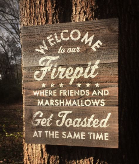 "Welcome friends to your fire pit! Two sizes available 12 x 16 and 20 x 26. Hand screen printed on warm brown cedar planks. Cedar is weather resistant, so these signs can be displayed outdoors for years! Each sign is hand printed and no two are exactly alike. Customers from all over the country are saying the same thing, \" Your signs are so authentic! We just love them! \" Please allow up to three weeks for production. if you need your sign sooner, please convo me prior to ordering. We do ship Outside Fire Pits, Rustic Wooden Sign, Wooden Pergola, Fire Pit Area, Backyard Fire, Pergola Kits, Pergola Plans, Pergola Patio, Fire Pit Backyard