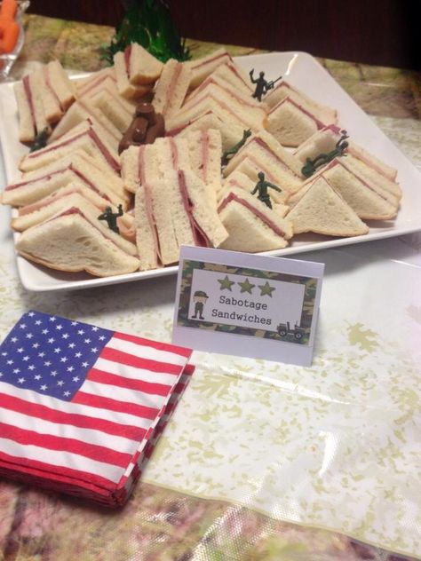 Finger sandwiches aka sabotage sandwiches. Fun way to draw attention to your party food for an army theme party. Army Birthday Food Ideas, Army Party Food Ideas, Army Men Party, Army Party Food, Army Theme Party, Army Themed Birthday, Army Theme, Army Baby, Army Birthday