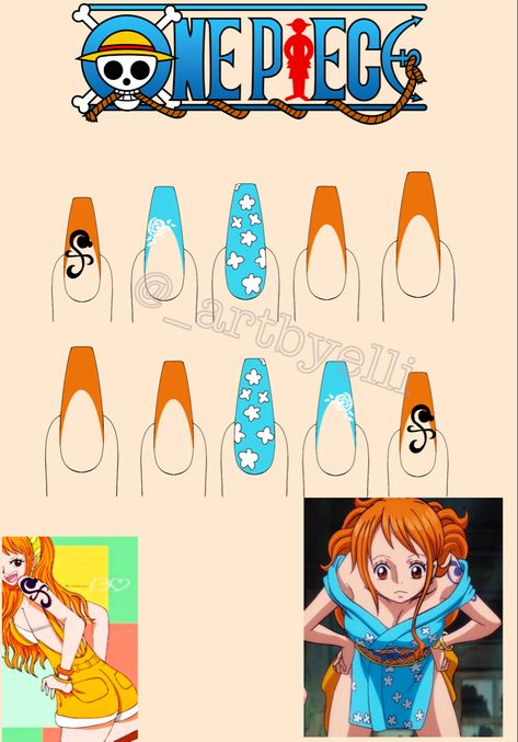 One Piece Acrylic Nails, Anime Based Nails, Anime Nails Art Ideas, Nami Nails One Piece, One Piece Anime Nails Designs, Simple Anime Nail Designs, Anime Theme Nails, Anime Inspired Nails One Piece, One Piece Nails Design