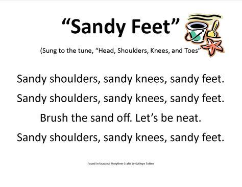 Beach themed storytime- "Sandy Feet" song Beach Songs For Toddlers, Beach Songs For Preschool, Beach Curriculum For Toddlers, Songs About The Beach, Beach Poems, Beach Theme Preschool, Songs For Preschool, Beach Songs, Ocean Music