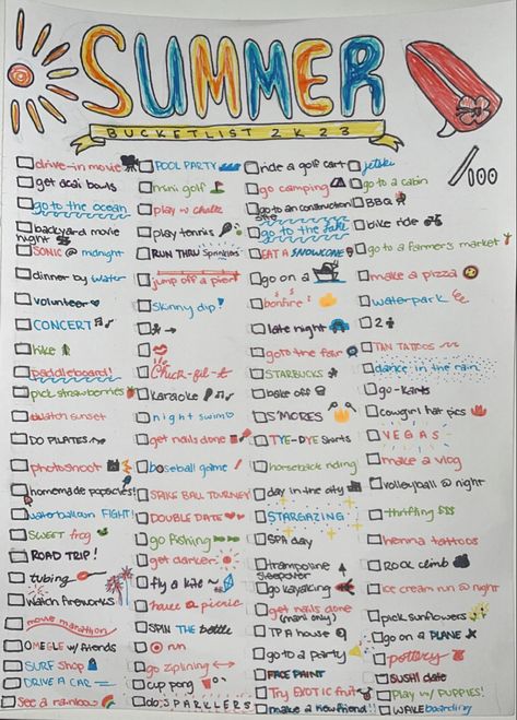 summer bucket list ~ 100 things to do this summer 100 Things To Do This Summer Bucket List, Summer Bucket List 2024 Poster Board, Summer Poster Board Ideas, Summer 24 Bucket List, Things To Do At The Pool, 100 Things To Do This Summer, 100 Movies Bucket List, Summer Bucket List Poster, Summer Bucket List 2024