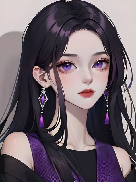 Black Hair Purple Eyes, Anime Purple Hair, Anime Black Hair, Girls With Black Hair, Effortlessly Chic Outfits, Cute Anime Chibi, Sendai, Fashion Art Illustration, Digital Art Anime