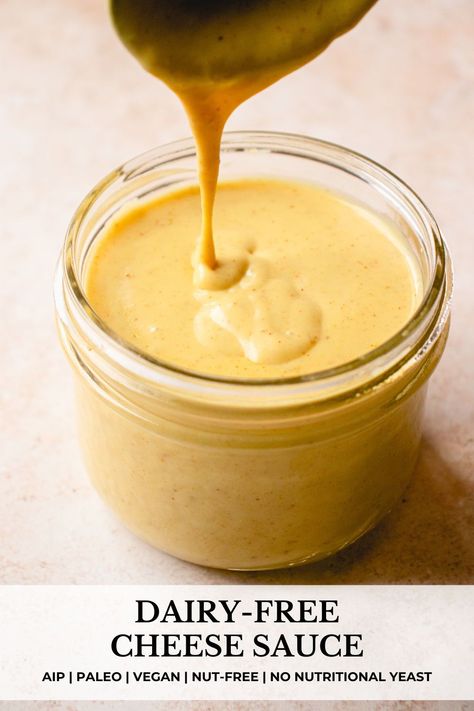 This quick and easy Dairy-Free Cheese Sauce is made without nutritional yeast or nuts! It’s smooth, stretchy, and the perfect melted cheese topping for any dish. This creamy vegan cheese sauce is gluten-free, paleo, allergy-friendly and easily AIP adaptable! #dairyfreecheese #dairyfreecheesesauce #vegancheese #vegancheesesauce #nutfreevegancheese #nutfreedairyfreecheese #paleocheese #aipcheese #aipcheesesauce #paleocheesesauce #plantbasedcheese #aip #paleo Whole30 Cheese Sauce, Whole 30 Cheese Sauce, Gluten And Dairy Free Sauces, Dairy Free Cream Cheese Recipe, Aip Sauces And Dips, Aip Marinades, Aip Lunch, Aip Sauces, Vegan Cheese Recipe