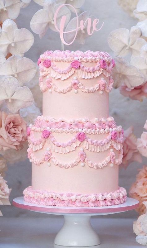 Cake For 2nd Birthday, Lambeth Wedding Cake, Vintage Buttercream Cake, Pink Buttercream Cake, Simple Birthday Cake Designs, Fancy Treats, Lambeth Cake, Pink Buttercream, Cake Land