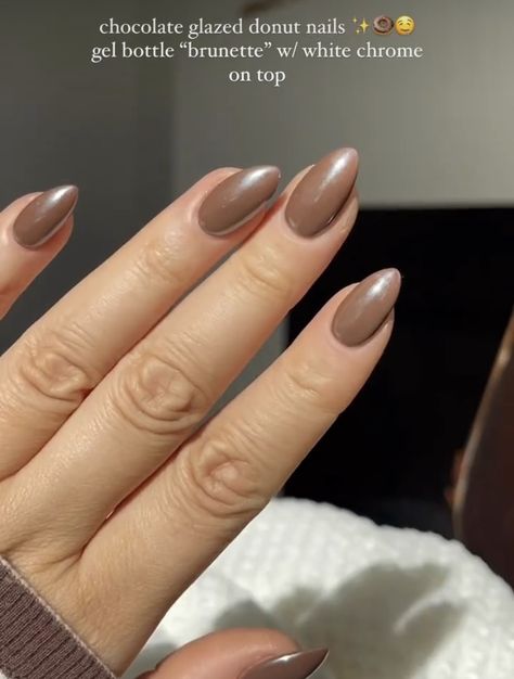 Light Brown Nails Almond, Latte Glazed Nails, Latte Chrome Nails, Nude Chrome Nails Square, Marron Nails, Cappuccino Nails, Chocolate Glazed Donut Nails, Taupe Nails, October Nails