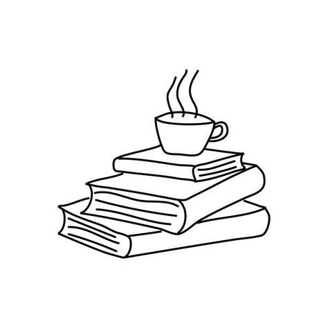 Book Line Art Drawing, Cute Book Doodles, Book Sketches Doodles, Books Doodle Art, Book Doodles Easy, Book Coffee Tattoo, Book Drawing Aesthetic, Guidebook Drawing, Reading Doodles