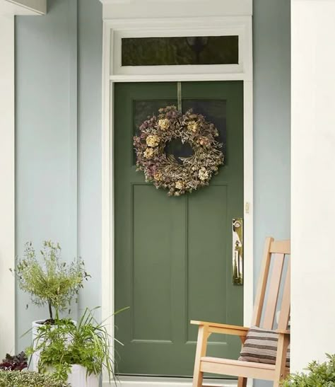 Coastal Decor Light Green House Door Color, Sherwin Williams Green Door, Green Shutter Colors, Olive Green Doors Exterior, Gray House Green Door, Green House Door Color Ideas, Coastal Front Doors, Front Door Paint Colors For Tan House, Front Door Colors For Gray House