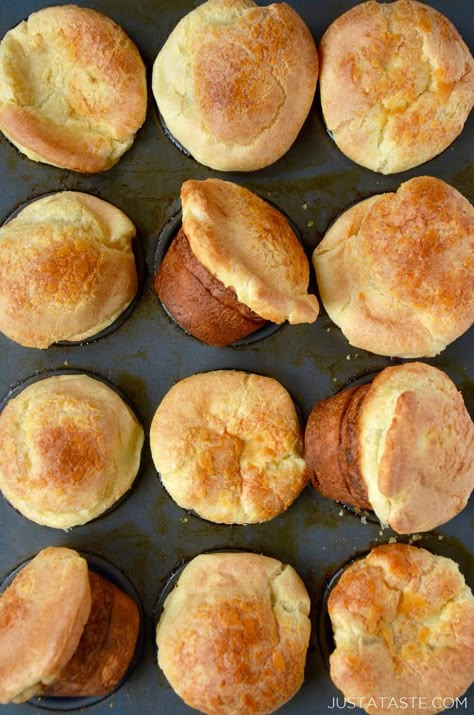 Muffin Pan Popovers Popovers Recipe, Pop Overs, Muffin Pan Recipes, Popover Recipe, Crepe Suzette, Fancy Kitchen, Tin Recipes, Savory Muffins, Just A Taste