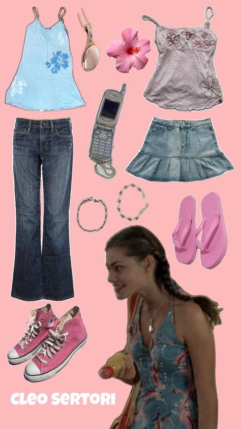 cleo sertori, pretty girl, 2000s style, pink + blue, beach aesthetic, flip phone Cleo Inspired Outfits, 2010 Fashion Outfits, Early 2010 Fashion, Early 2000s Fashion Aesthetic, Early 2000 Outfits, 2000 Fashion Outfits, Early 2000s Outfit Ideas, Cleo H2o, Tv Show Fashion