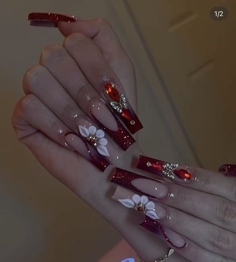 Burgundy Nails Quinceanera, Red Crown For Quinceanera, Red And Gold Nails Acrylic Coffin Quince, Quince Nails Burgundy And Gold, Maroon Quinceanera Nails, Black And Red Quinceanera Cake, Red And Black Prom Nails Acrylic Long, Sweet 16 Dresses Red And Gold, Red Nails For 15