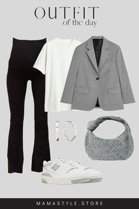 Alert: grey is in and it means business. Here’s the recipe: Take one 100% pure cotton, pure white maternity tee and pair it with elevated black maternity pants for an instant foundation for your outfit. Blazer New Balance, Blazer With Black Pants, Effortless Chic Outfits, Maternity Outfit, Bottega Veneta Bag, Pregnancy Shoes, Maternity Tees, Third Trimester, Balance Sneakers