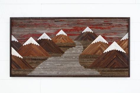 Custom Made Wood Wall Art Of A Fiery Sunset Mountain Landscape, Reclaimed Barnwood Lath Art, Barnwood Wall Art, Mountain Wood Art, Mountain Wood Wall Art, Fiery Sunset, Western Wall Decor, Wood Art Diy, Wood Wall Art Diy, Wood Artwork