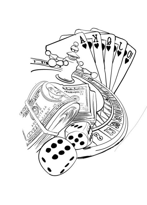 Casino Tattoo, Dice Tattoo, Vegas Tattoo, Card Tattoo Designs, Money Tattoo, Tattoo Outline Drawing, Muster Tattoos, Chicano Art Tattoos, Omerta Tattoo