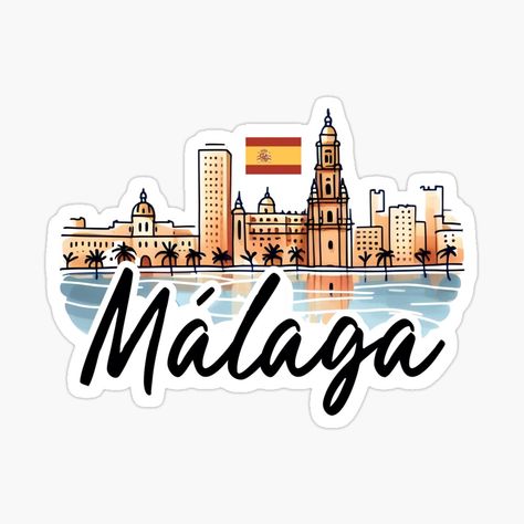 Get my art printed on awesome products. Support me at Redbubble #RBandME: https://www.redbubble.com/i/sticker/Malaga-Spain-Cityscape-by-WanderlustCoCo/164295456.EJUG5?asc=u Spain Stickers, Resto Bar, Spanish Flag, Spanish Flags, Spain Design, Tri Sigma, Malaga Spain, Sticker Cute, Natural Tones