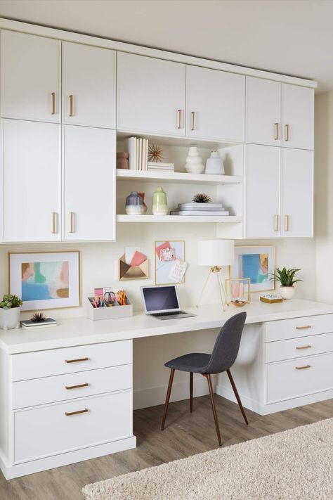 3 best white home office ideas with lots of storage. White design with gold handle hardware. Office Room Storage Ideas, Women Home Office Ideas, Inspired Closets, Home Office Design On A Budget, Office Organization At Work, Study Room Decor, Home Office Storage, Craft Room Office, Modern Home Office