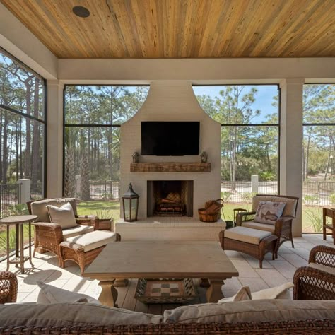 75 Screened-In Porch Ideas You'll Love - June, 2024 | Houzz Marthas Vineyard Interior Design, Porch With Fireplace, Back Porch Designs, Porch Fireplace, Sunroom Ideas, Porch Remodel, Porch Addition, Sunroom Designs, Porch And Balcony