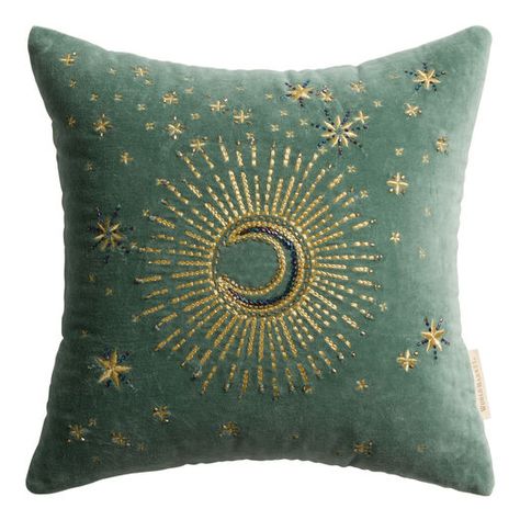 Sage Green Velvet Moon Beaded Throw Pillow by World Market Sage Green Velvet Pillow, Velvet Green Pillow, Moon Shaped Pillow, Cream Couch Green Pillows, 70s Throw Pillows, Cute Throw Pillow, Olive Green Room Decor, Sage Green And Gold Bedroom, Throw Pillows Bedroom Aesthetic