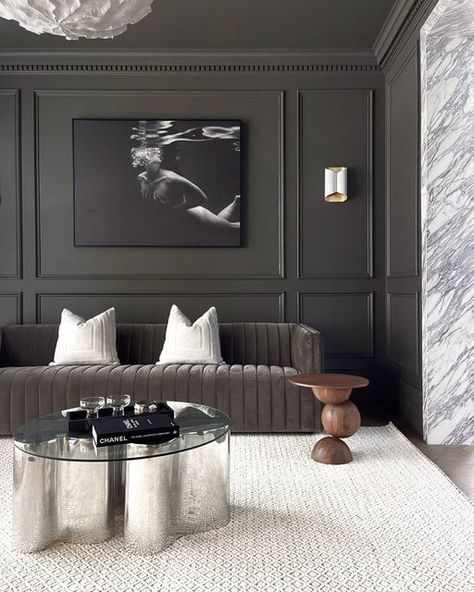 Moody Tv Room, Dark Panels, Human Form, Cinema Room, Wall Molding, Beneath The Surface, Movie Room, Grey Tones, Lounge Room