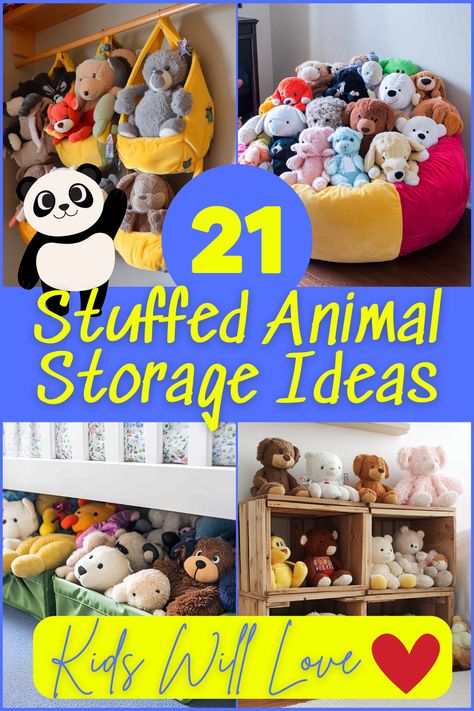 Tired of stuffed animals taking over your space? Check out these 21 easy and creative stuffed animal storage ideas that will keep your room neat and organized while still making space for all your plush friends! #StuffedAnimalStorage #KidsRoomOrganization #ToyStorageIdeas #DeclutteringTips #SpaceSavingSolutions Bed For Stuffed Animals, Best Stuffed Animal Storage, Plush Toy Organization, Bedroom Teddy Storage, Storage For Large Stuffed Animals, Stuffed Animal Storage Bunk Bed, Stuffed Animal Corner Storage, Beds With Stuffed Animals, Large Squishmallow Storage