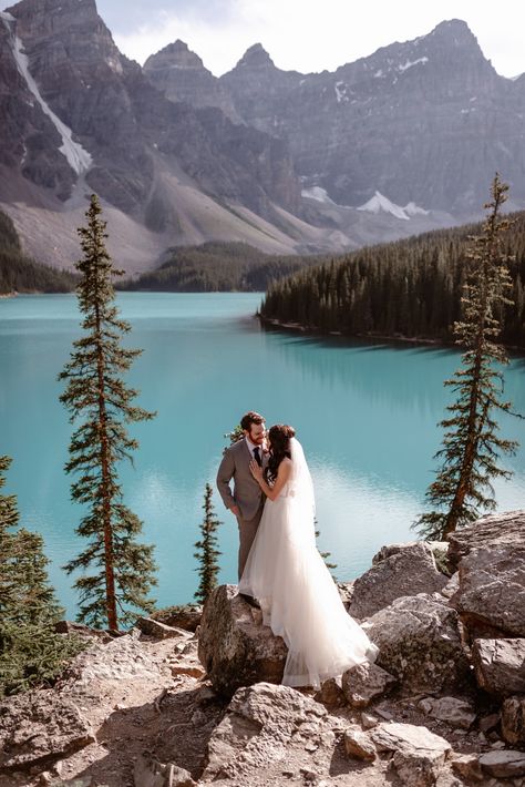 moraine lake wedding elopement bride and groom Fairmont Lake Louise, Moraine Lake Wedding, Lake Wedding Photos, Wedding At Lake, Fairmont Chateau Lake Louise, Chateau Lake Louise, Field Photography, Rocky Mountain Wedding, Moraine Lake