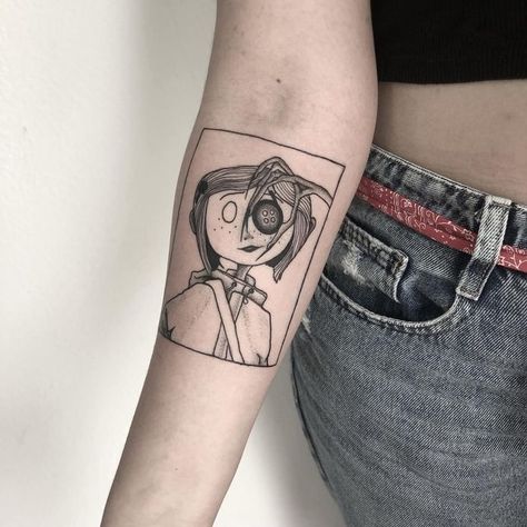 Coraline Tattoos Ideas, Coralline Tattoos Ideas, Tattoo Ideas Coraline, Coraline Inspired Tattoos, Movie Tattoos Ideas, Coraline Doll Tattoo, Coraline Flash Tattoo, Movie Inspired Tattoos, Caroline Tattoo