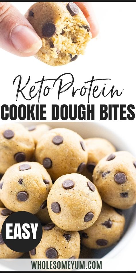 Low Carb Keto Protein Cookie Dough Bites Recipe - Learn how to make keto cookie dough - it's edible & irresistable! These low carb protein cookie dough bites are 1.5g net carbs each and take 10 minutes to prep. #wholesomeyum #keto #lowcarb #dessert #snack Protein Snacks Low Carb, Cookie Dough Bites Recipe, Protein Cookie Dough Bites, Low Carb Cookie Dough, Keto Cookie Dough, High Protein Cookies, Keto Protein, Protein Cookie Dough, Protein Balls Recipes